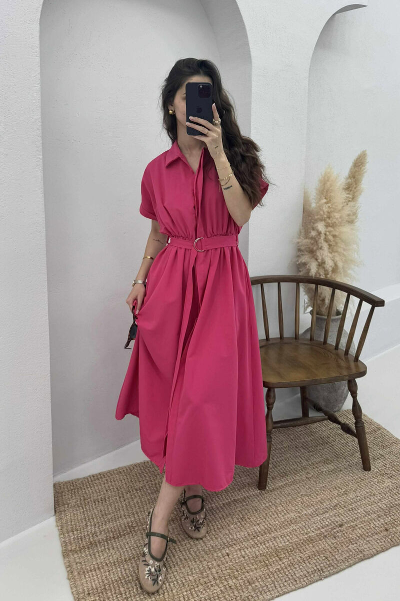 LONG BUTTON SIMPLE WOMEN DRESS DARK PINK /ROZE ERRET - 2