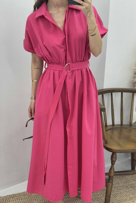 LONG BUTTON SIMPLE WOMEN DRESS DARK PINK /ROZE ERRET - 3