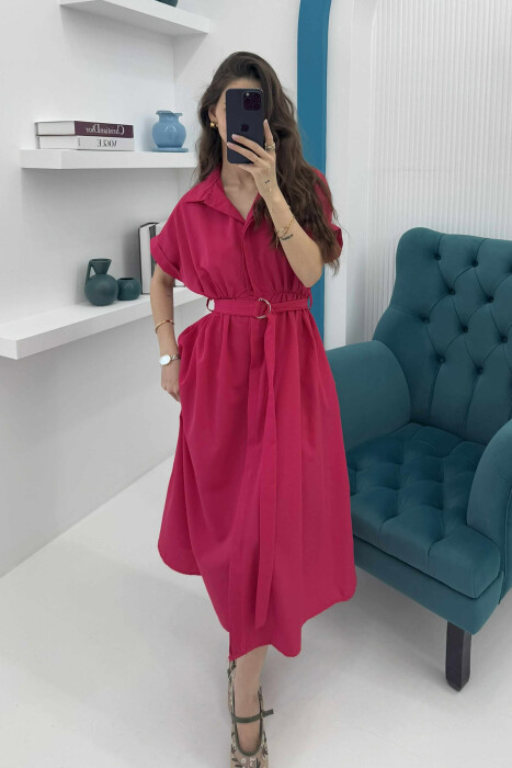 LONG BUTTON SIMPLE WOMEN DRESS FUCHSIA/CIKLAMI 