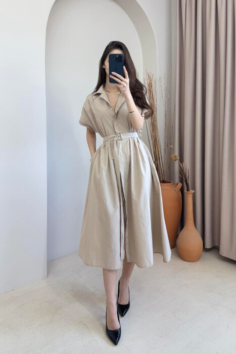 LONG BUTTON SIMPLE WOMEN DRESS KHAKI / KAKI 