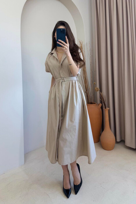 LONG BUTTON SIMPLE WOMEN DRESS KHAKI / KAKI - 2