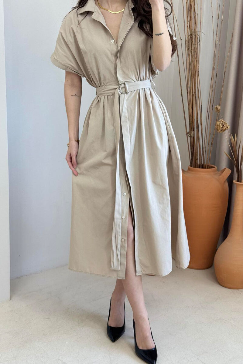 LONG BUTTON SIMPLE WOMEN DRESS KHAKI / KAKI - 3