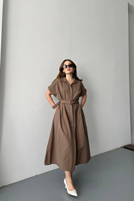 LONG BUTTON SIMPLE WOMEN DRESS LIGHT BROWN/KAZB 