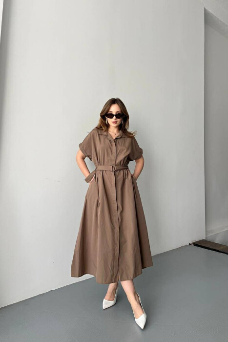 LONG BUTTON SIMPLE WOMEN DRESS LIGHT BROWN/KAZB - 3