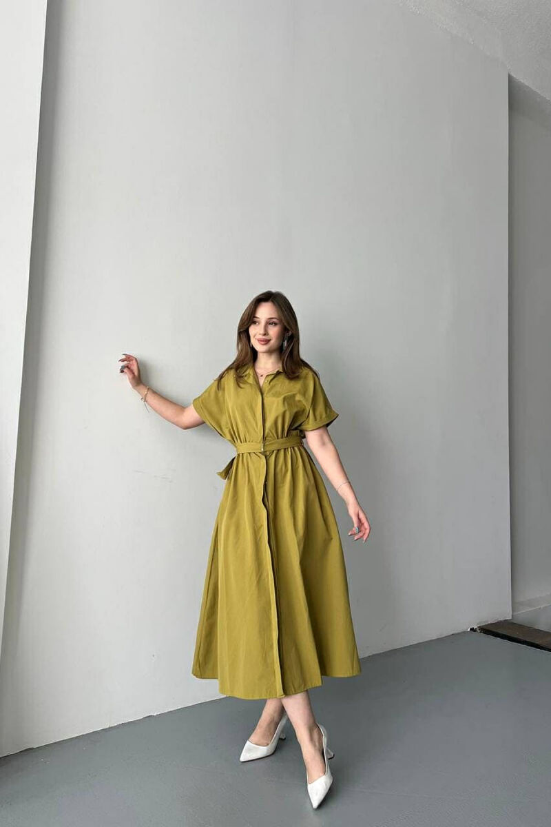 LONG BUTTON SIMPLE WOMEN DRESS LIGHT GREEN/JEZB - 1