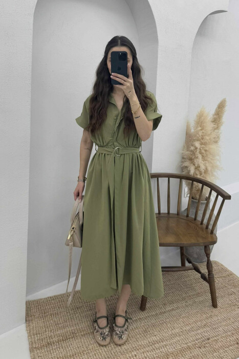 LONG BUTTON SIMPLE WOMEN DRESS OLIVE/ULLI 