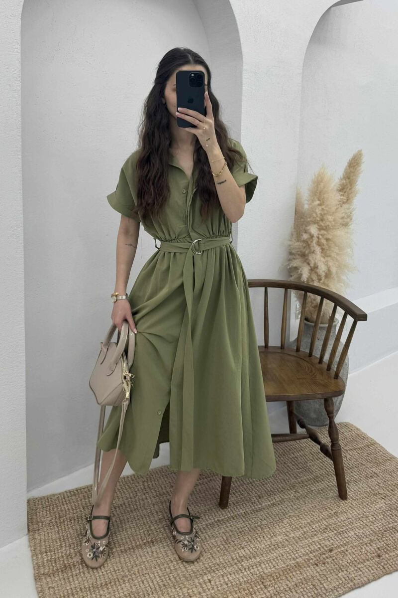 LONG BUTTON SIMPLE WOMEN DRESS OLIVE/ULLI - 2