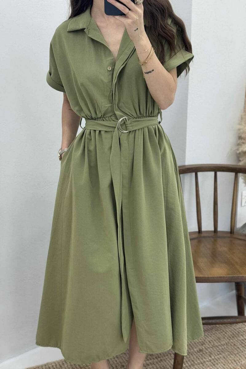 LONG BUTTON SIMPLE WOMEN DRESS OLIVE/ULLI - 3