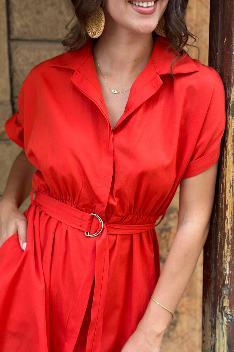 LONG BUTTON SIMPLE WOMEN DRESS ORANGE/PORTOKALLI - 4