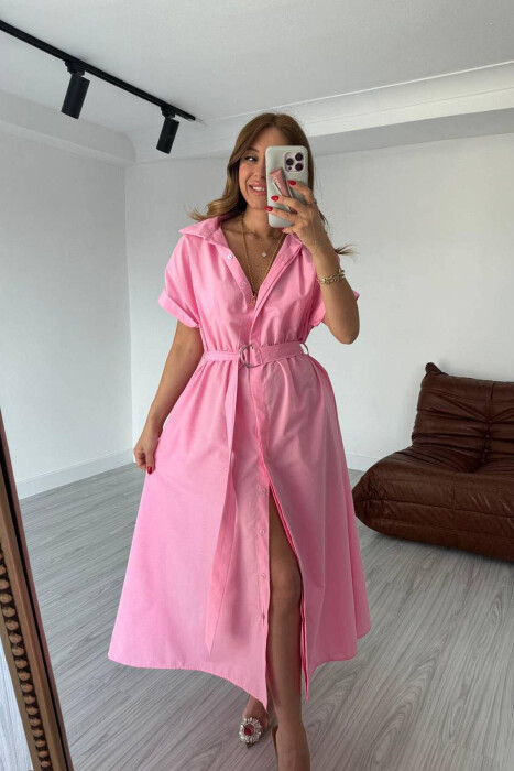 LONG BUTTON SIMPLE WOMEN DRESS PINK/ROZE - 1
