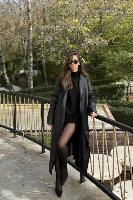 LONG LEATHER LACING WOMEN JACKET BLACK/ E ZEZE - 1