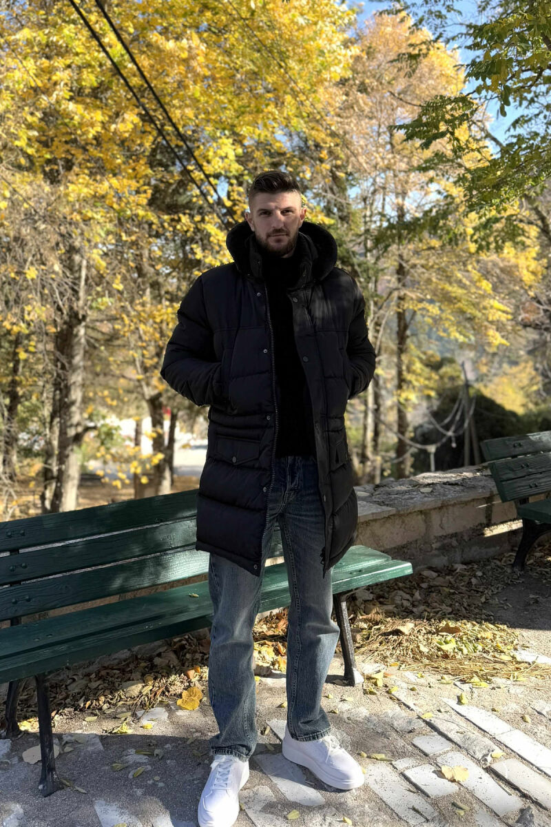 LONG PUFFER FUR HOOD DETAIL MEN JACKET WITH POCKETS BLACK/ E ZEZE - 1