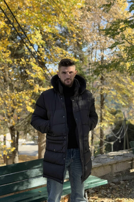 LONG PUFFER FUR HOOD DETAIL MEN JACKET WITH POCKETS BLACK/ E ZEZE - 2