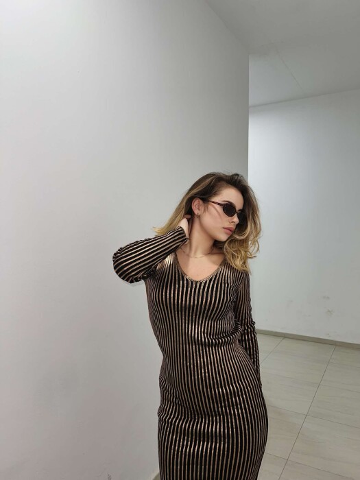 LONG SHINY V NECK WOMEN DRESS BRONX/BRONX - 5