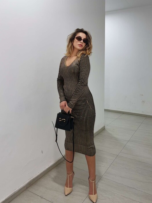 LONG SHINY V NECK WOMEN DRESS GOLDEN ROD/GOLD 