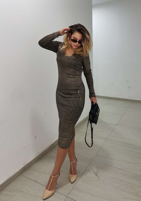 LONG SHINY V NECK WOMEN DRESS GOLDEN ROD/GOLD - 2