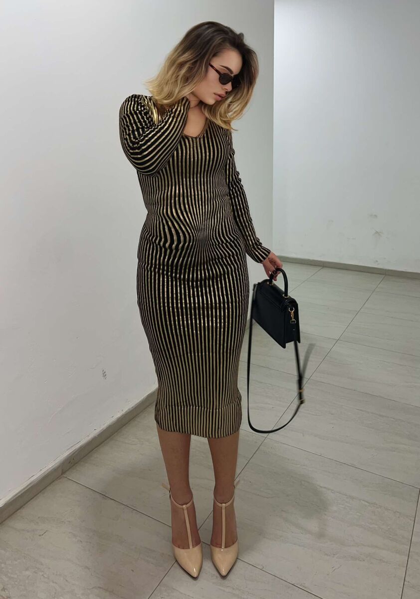 LONG SHINY V NECK WOMEN DRESS GOLDEN ROD/GOLD - 4