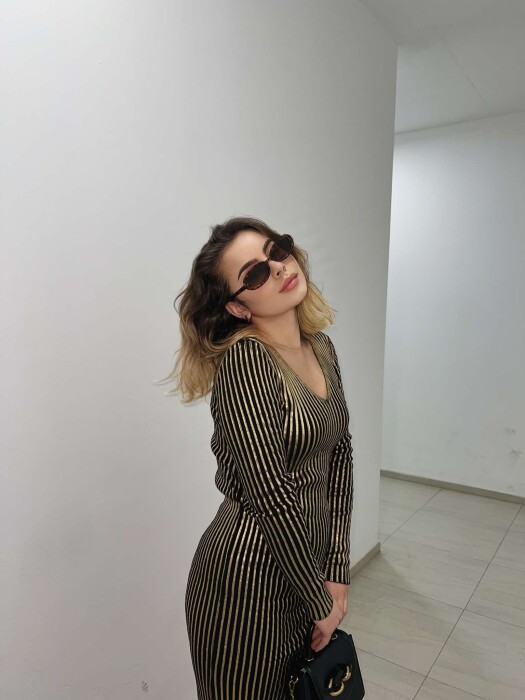 LONG SHINY V NECK WOMEN DRESS GOLDEN ROD/GOLD - 5