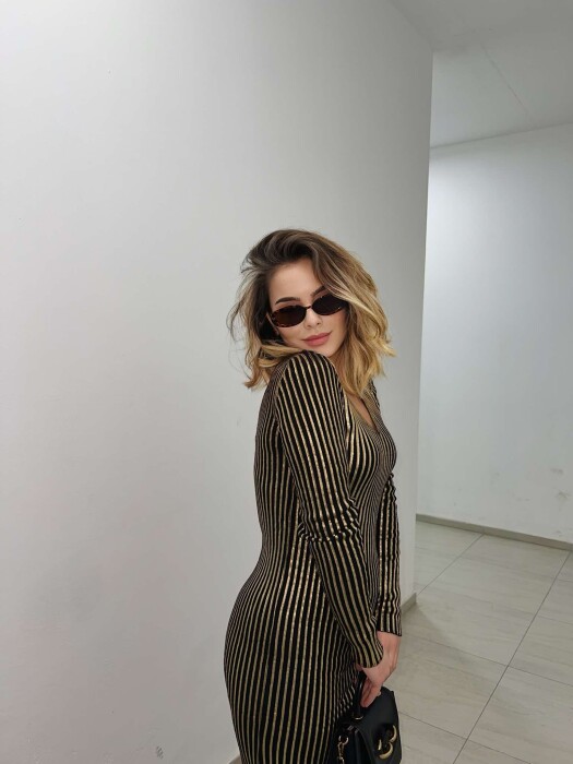 LONG SHINY V NECK WOMEN DRESS GOLDEN ROD/GOLD - 6