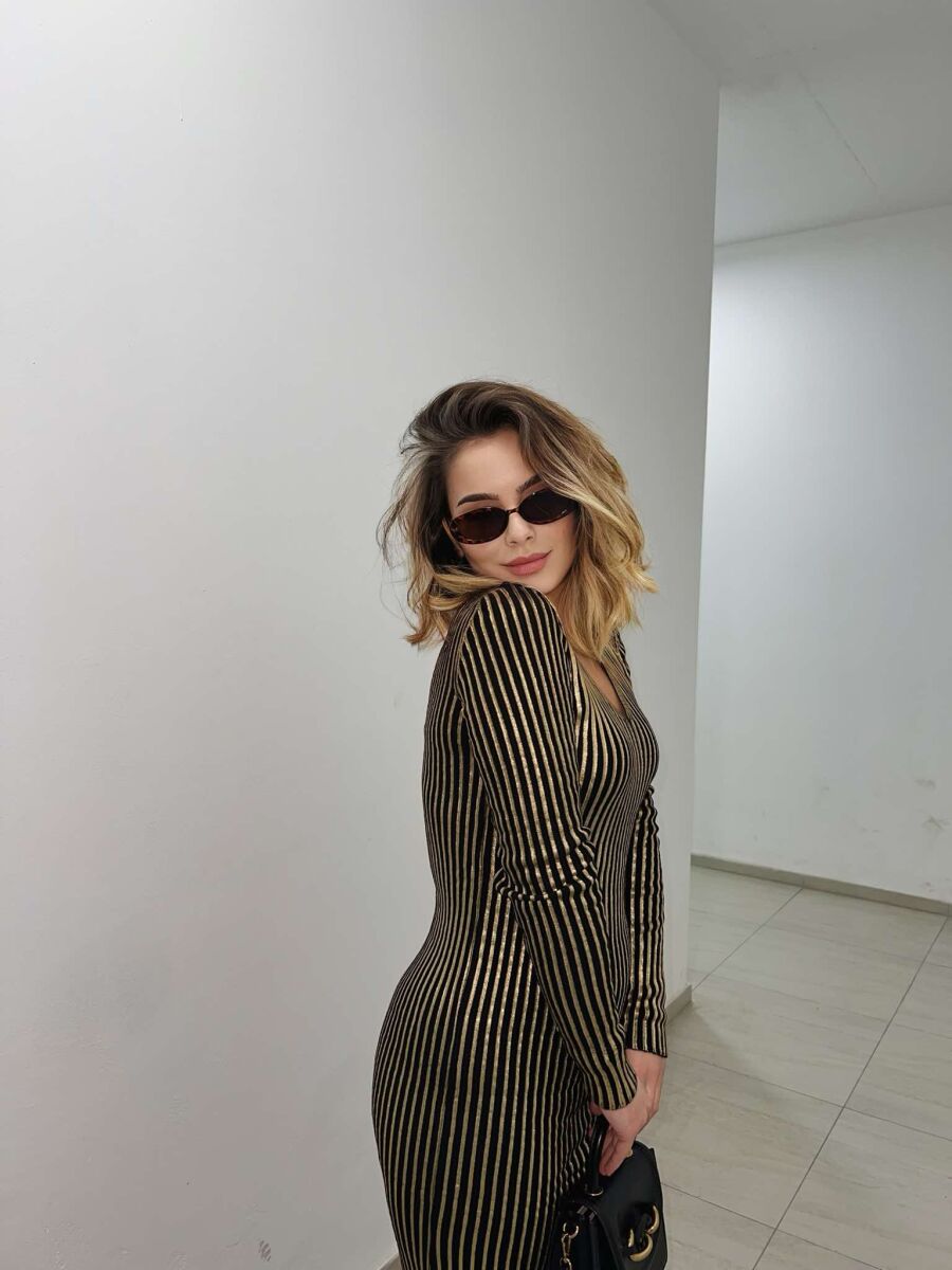 LONG SHINY V NECK WOMEN DRESS GOLDEN ROD/GOLD - 6