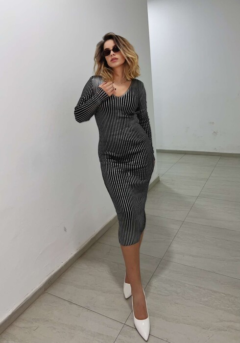 LONG SHINY V NECK WOMEN DRESS SILVER/ARGJEND - 1