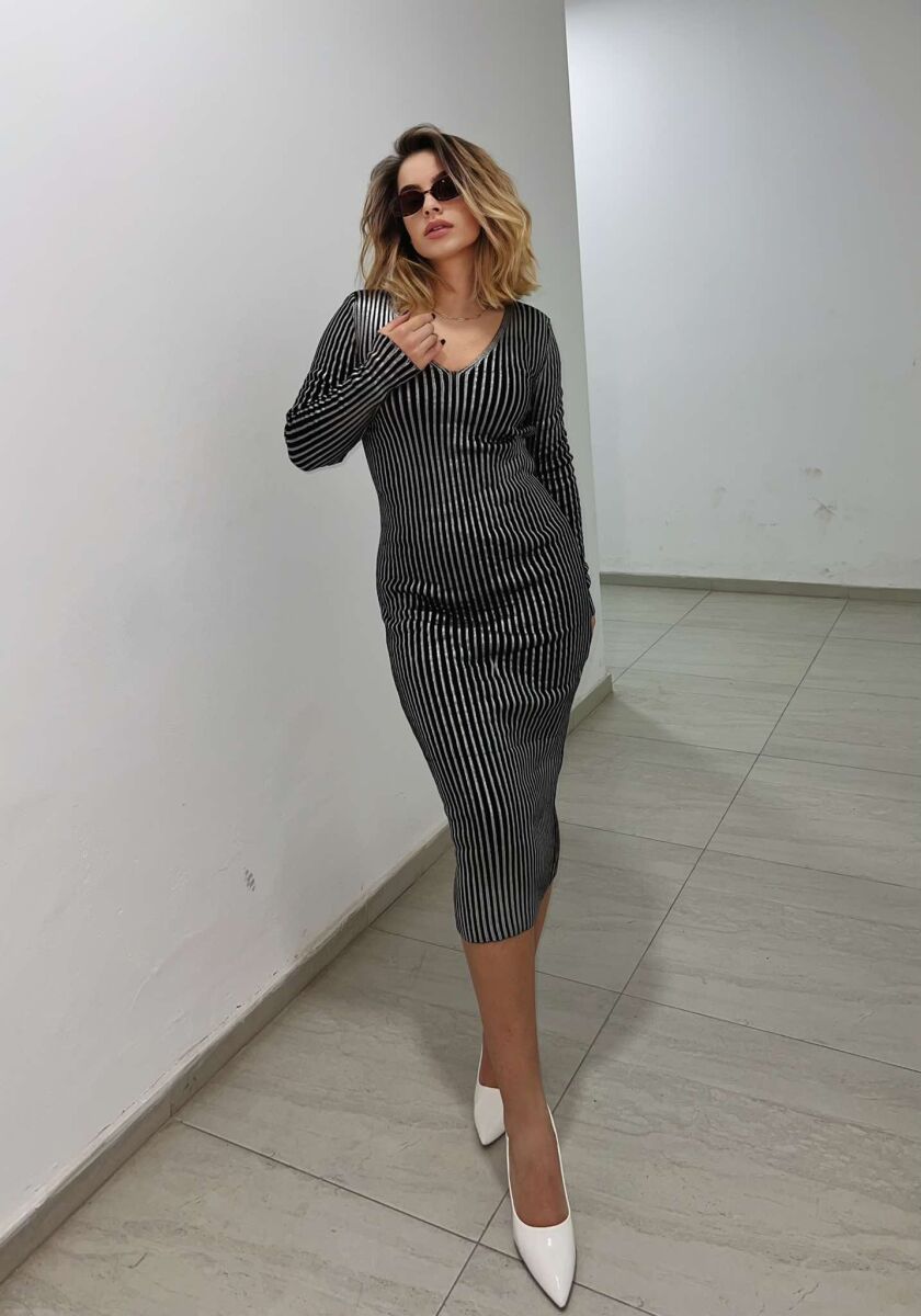 LONG SHINY V NECK WOMEN DRESS SILVER/ARGJEND - 1