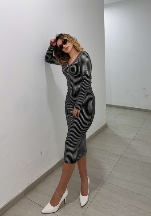 LONG SHINY V NECK WOMEN DRESS SILVER/ARGJEND - 3