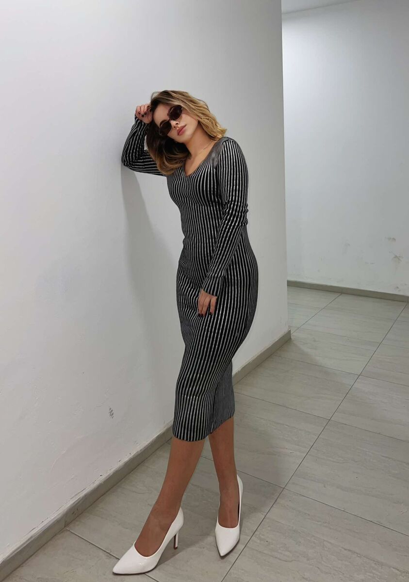 LONG SHINY V NECK WOMEN DRESS SILVER/ARGJEND - 3