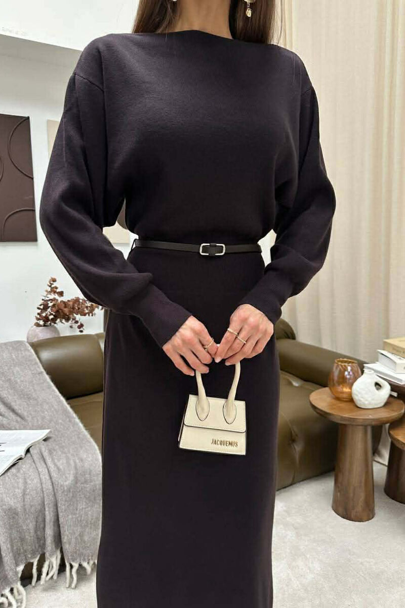 LONG SLEEVE BELT DETAIL WOMAN DRESS BROWN/KAFE - 2