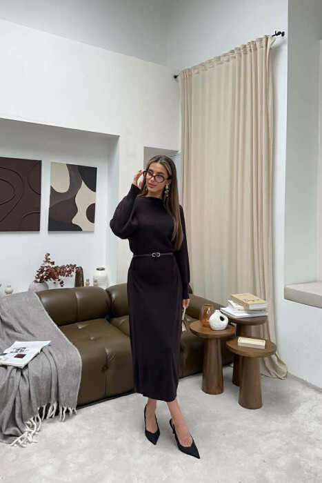 LONG SLEEVE BELT DETAIL WOMAN DRESS BROWN/KAFE - 3