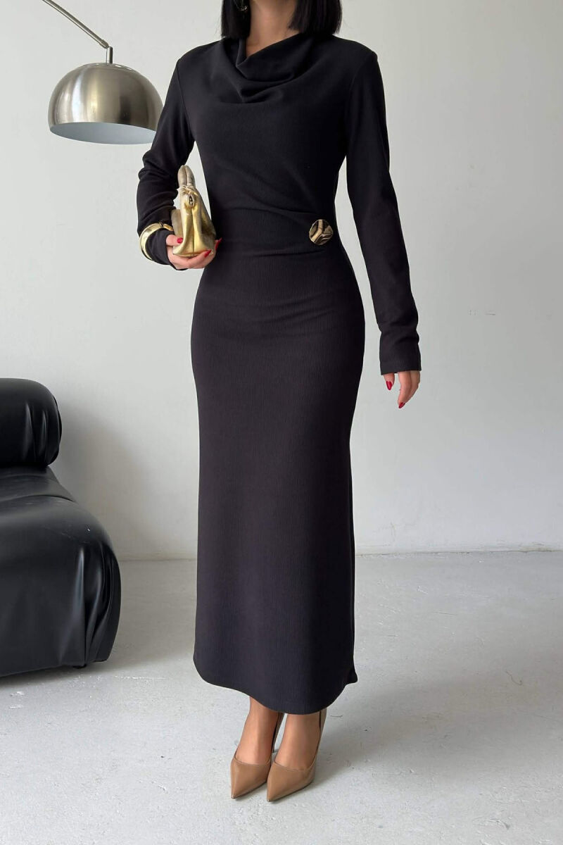 LONG SLEEVE ONE COLOR GOLD BUTTON WOMEN DRESS BLACK/ E ZEZE - 3
