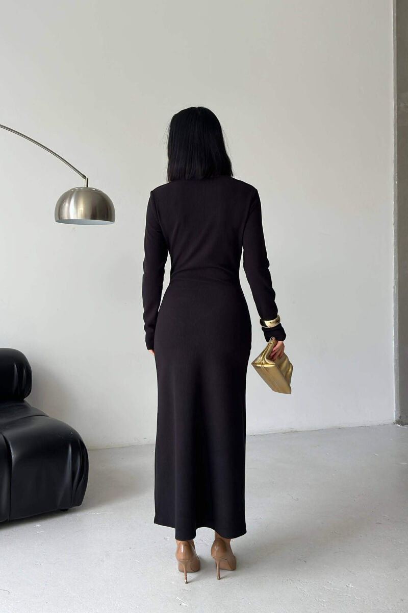 LONG SLEEVE ONE COLOR GOLD BUTTON WOMEN DRESS BLACK/ E ZEZE - 4