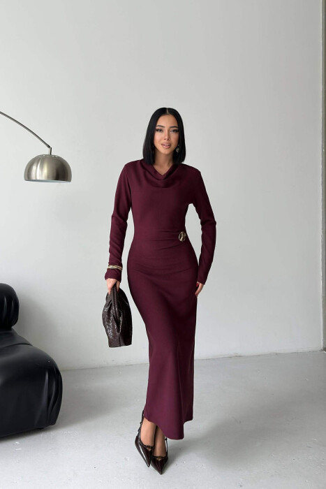 LONG SLEEVE ONE COLOR GOLD BUTTON WOMEN DRESS BURGUNDY/VISHNJE - 1