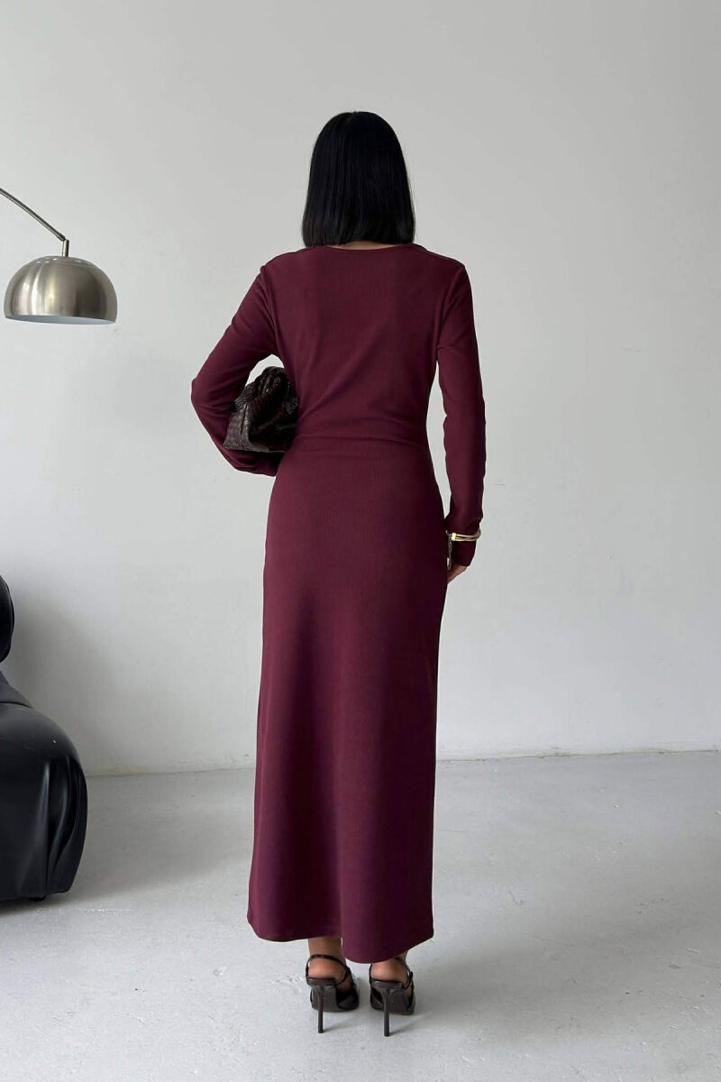 LONG SLEEVE ONE COLOR GOLD BUTTON WOMEN DRESS BURGUNDY/VISHNJE - 3