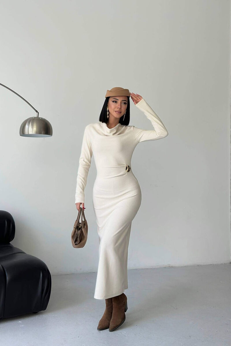 LONG SLEEVE ONE COLOR GOLD BUTTON WOMEN DRESS CREAM/KREM - 1