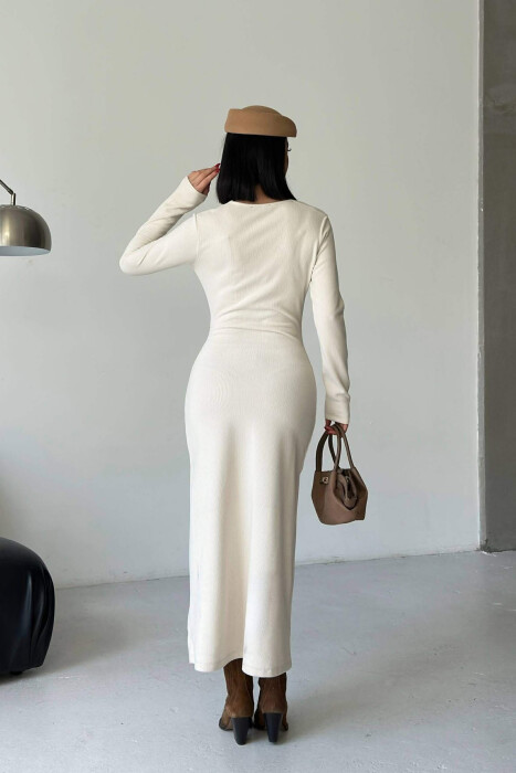 LONG SLEEVE ONE COLOR GOLD BUTTON WOMEN DRESS CREAM/KREM - 3