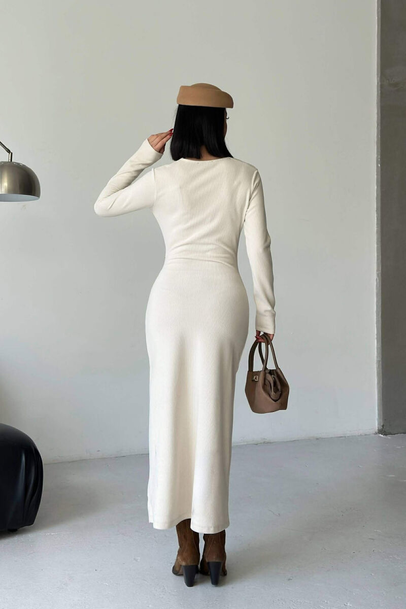 LONG SLEEVE ONE COLOR GOLD BUTTON WOMEN DRESS CREAM/KREM - 3