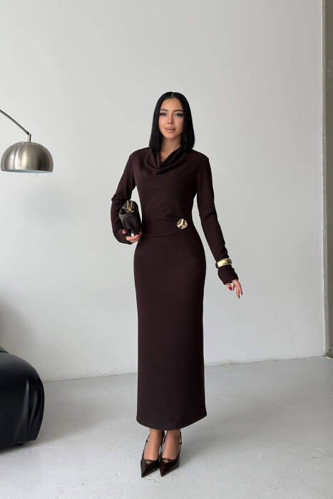 LONG SLEEVE ONE COLOR GOLD BUTTON WOMEN DRESS DARK BROWN/KAE - 