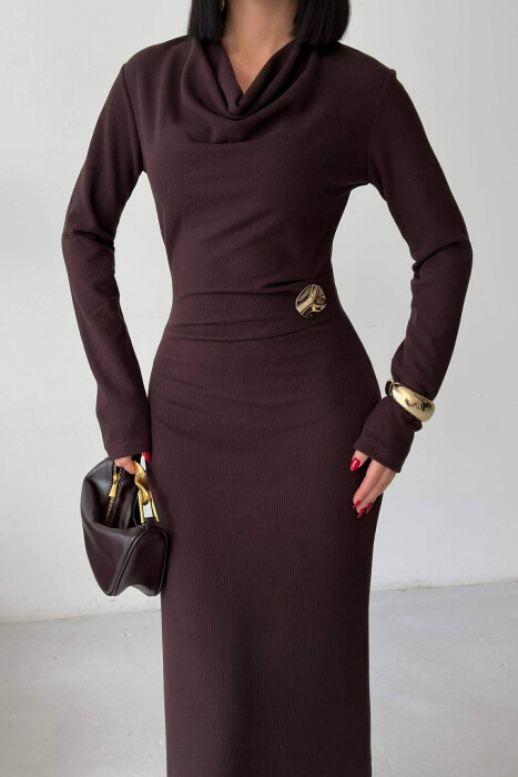 LONG SLEEVE ONE COLOR GOLD BUTTON WOMEN DRESS DARK BROWN/KAE - 2