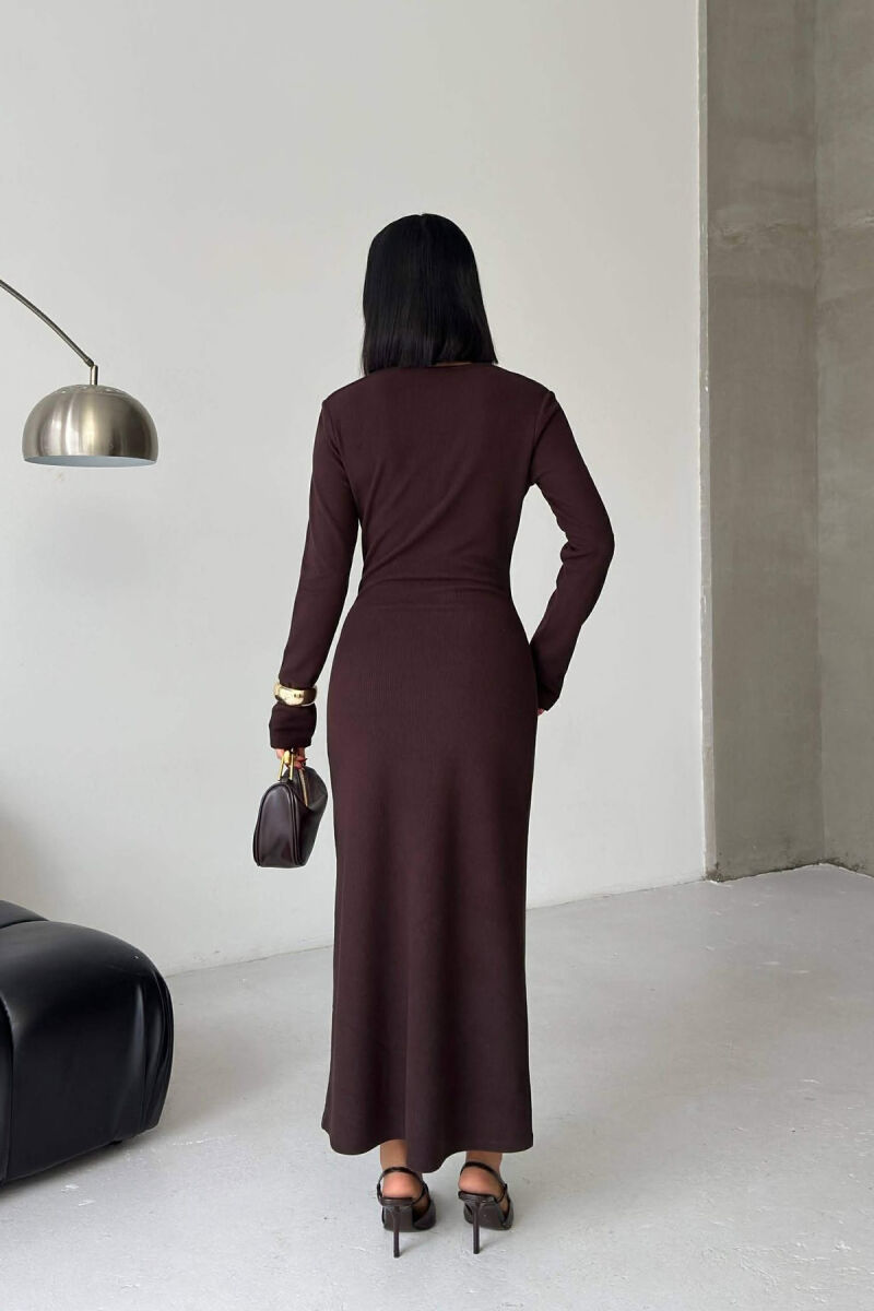 LONG SLEEVE ONE COLOR GOLD BUTTON WOMEN DRESS DARK BROWN/KAE - 3