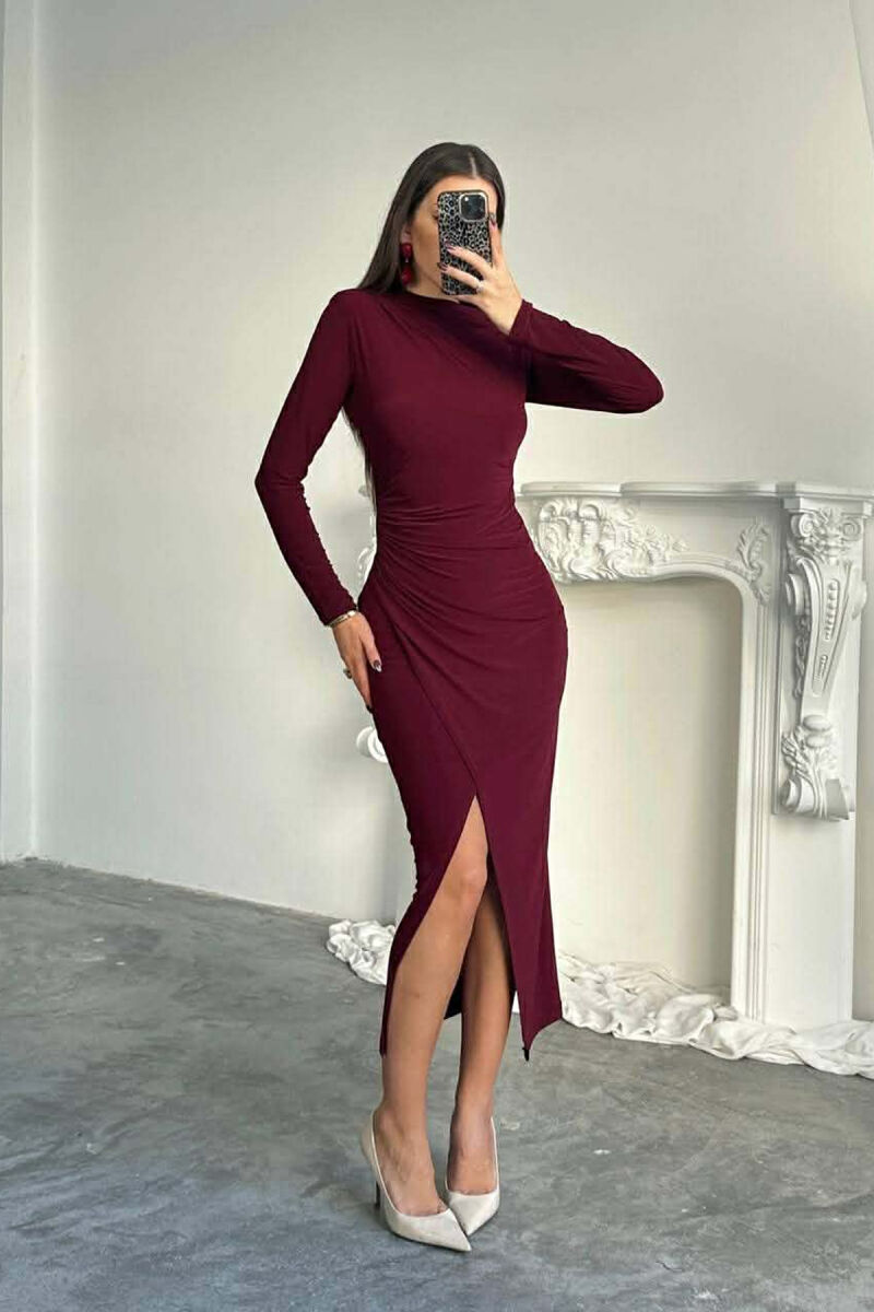LONG SLEEVES ONE COLOR WOMEN DRESS BURGUNDY/VISHNJE - 2