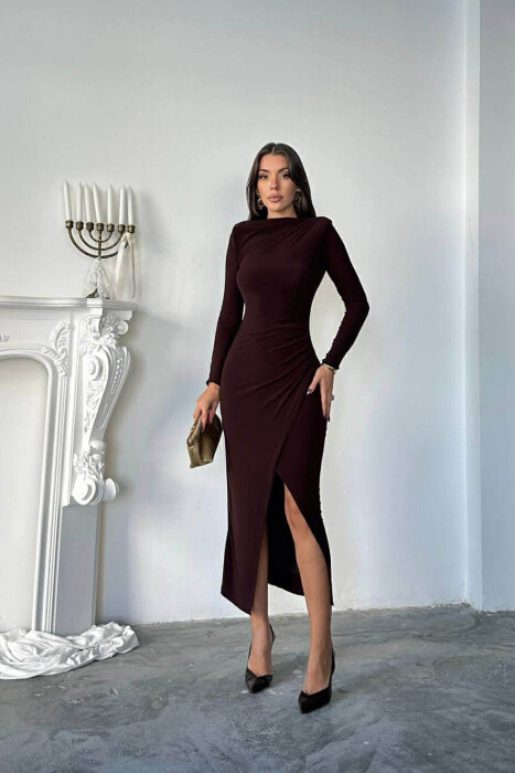 LONG SLEEVES ONE COLOR WOMEN DRESS DARK BROWN/KAE 