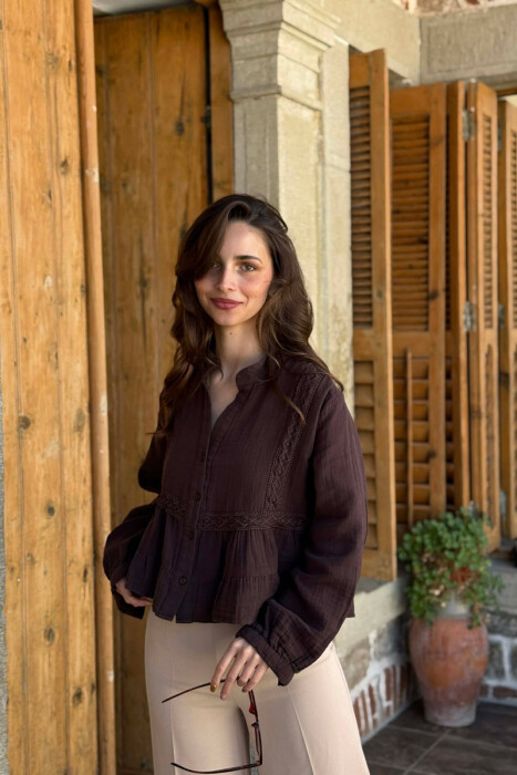 LONG SLEEVES ONE COLOR WOMEN SHIRT BROWN/KAFE - 1