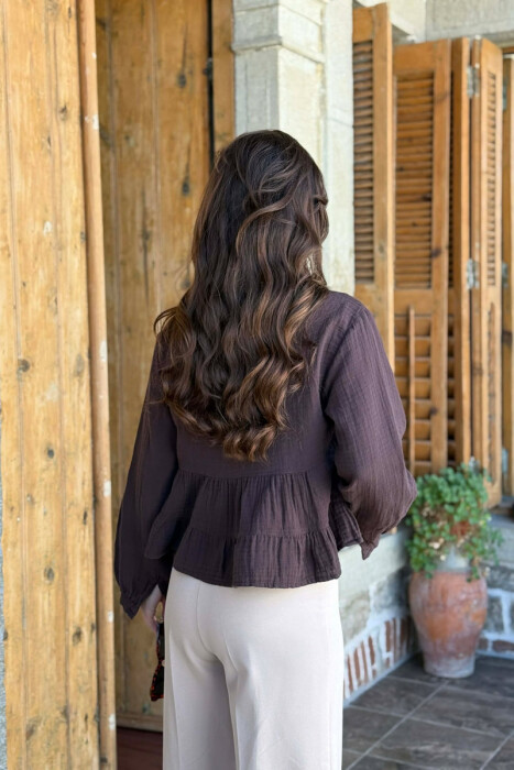 LONG SLEEVES ONE COLOR WOMEN SHIRT BROWN/KAFE - 4