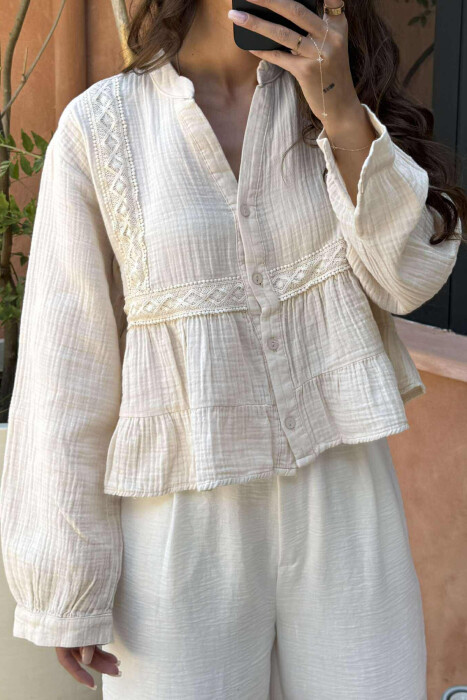 LONG SLEEVES ONE COLOR WOMEN SHIRT CREAM/KREM - 3