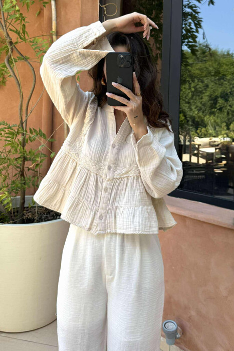 LONG SLEEVES ONE COLOR WOMEN SHIRT CREAM/KREM - 4