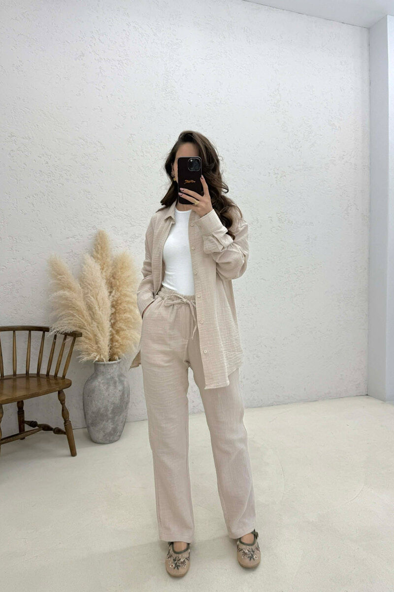 LONG SLEEVES SHIRT+TROUSERS SIMPLE WOMEN SET BEIGE/BEZHE - 1