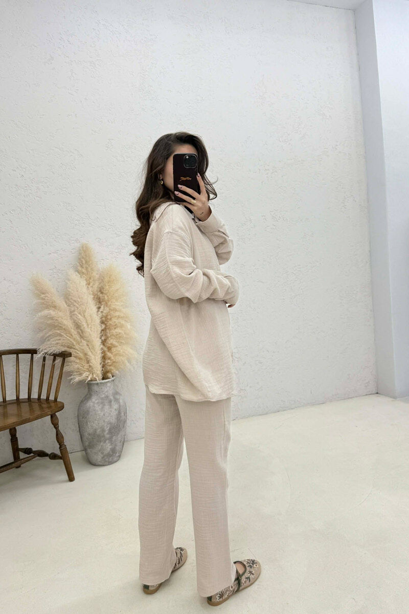 LONG SLEEVES SHIRT+TROUSERS SIMPLE WOMEN SET BEIGE/BEZHE - 4