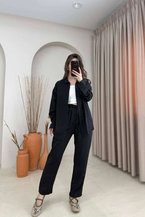 LONG SLEEVES SHIRT+TROUSERS SIMPLE WOMEN SET BLACK-BLACK/ZZ 