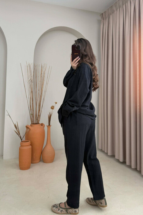 LONG SLEEVES SHIRT+TROUSERS SIMPLE WOMEN SET BLACK-BLACK/ZZ - 4